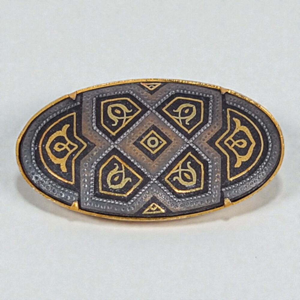 Vintage Damascene Oval Brooch Etched Gold Black 1970s Spanish Traditional